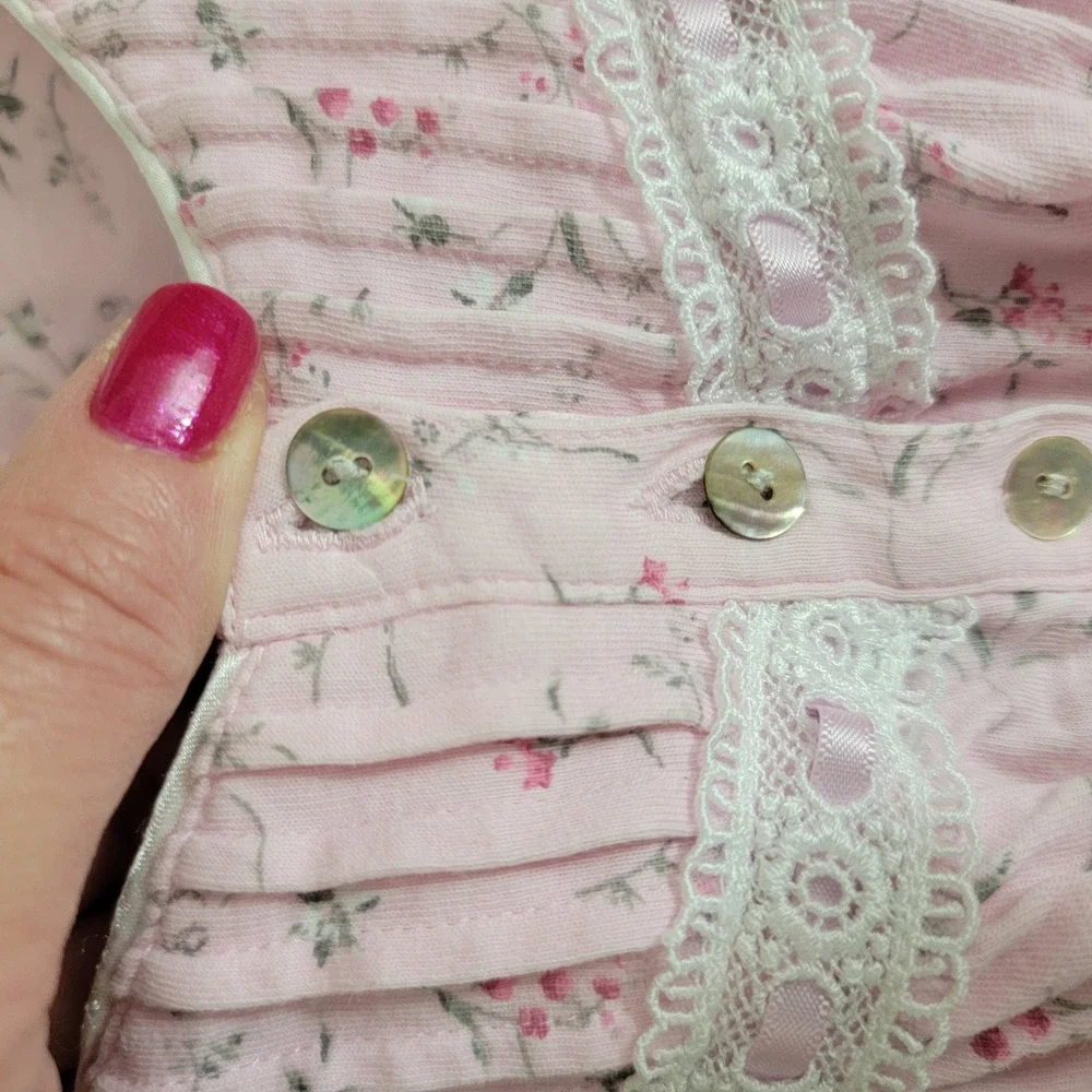 Eileen West Jersey Knit Long Sleeve Short Pink Floral Cotton Nightgown sz L EUC‎